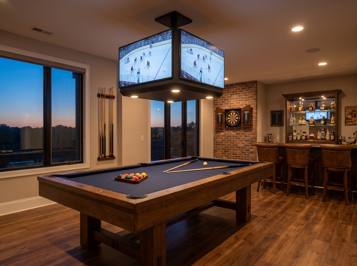 HOMEARENA hanging above a pool table in a home game room