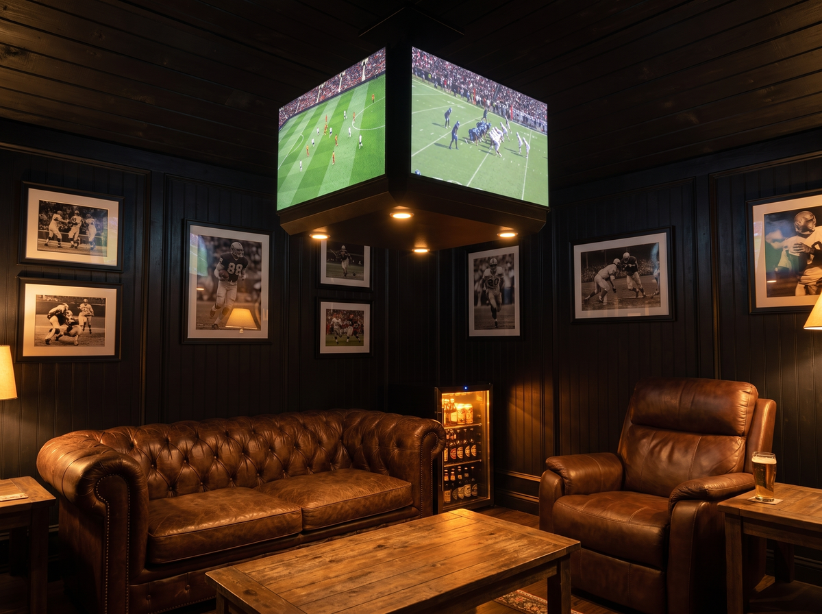 HOMEARENA hanging in a dark wood man cave above a leather chesterfield sofa