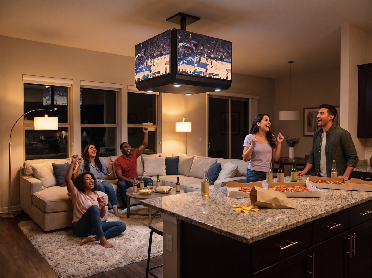 Friends celebrating a basketball game under HOMEARENA in an open-plan living room
